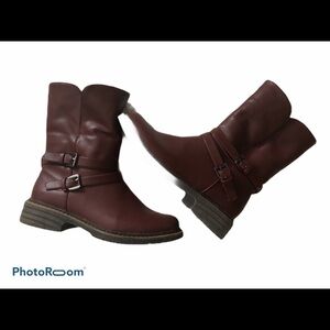 Steve Madden Maximus Burgundy Double Buckle Leather Boot Charcoal Sherpa Lined